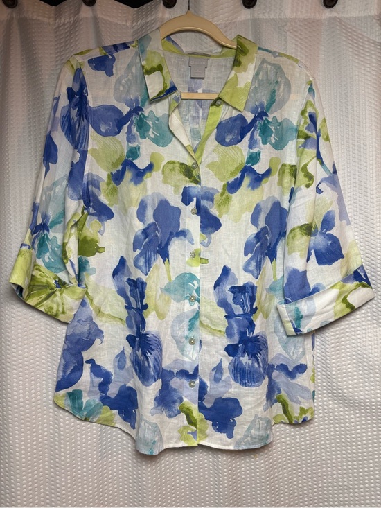 Chico's Tops - Chico’s 100% Linen V-neck Button-up 3/4 Sleeve Blouse Floral Print Size 12